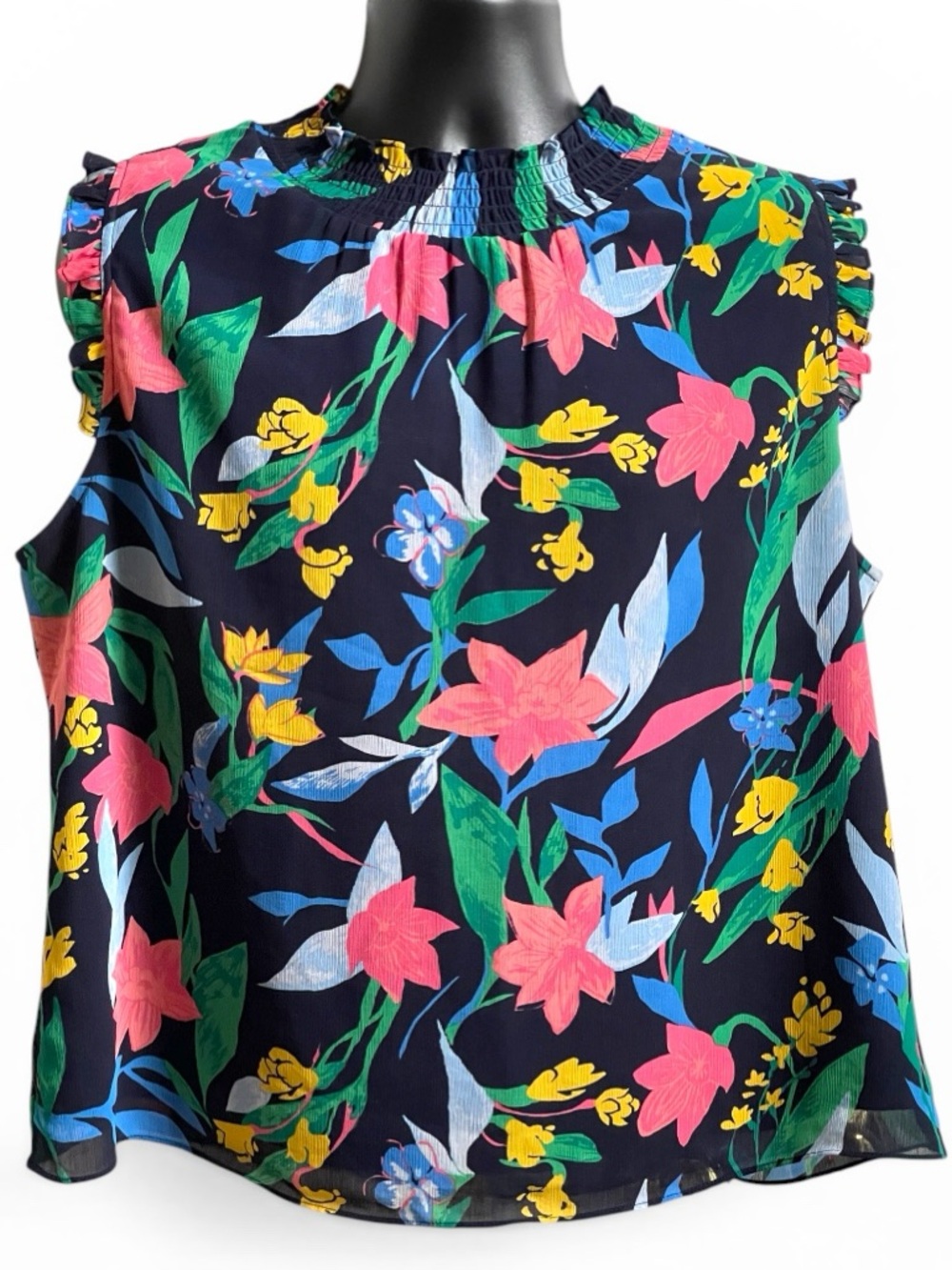 J.Crew Tropical Floral Smocked Ruffle Shell Top Size 14 Navy Pink - Picture 3 of 6